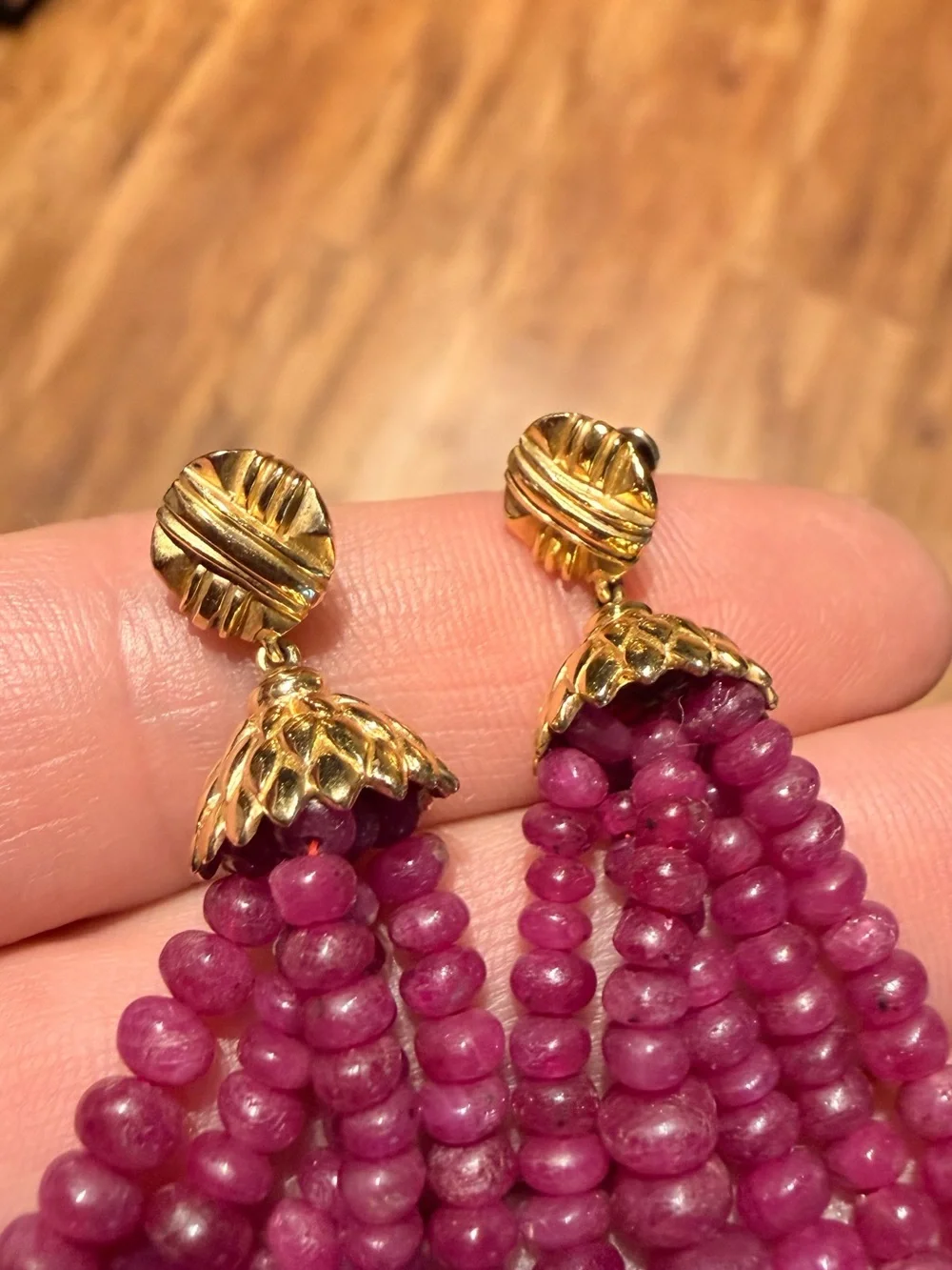 Ruby 22k Gold Earrings from India. Stunning Tassel Earrings - Women Jewelry - Picture 8 of 14